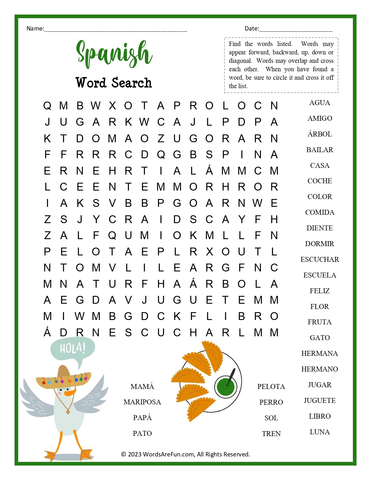 Spanish Word Search For Kids