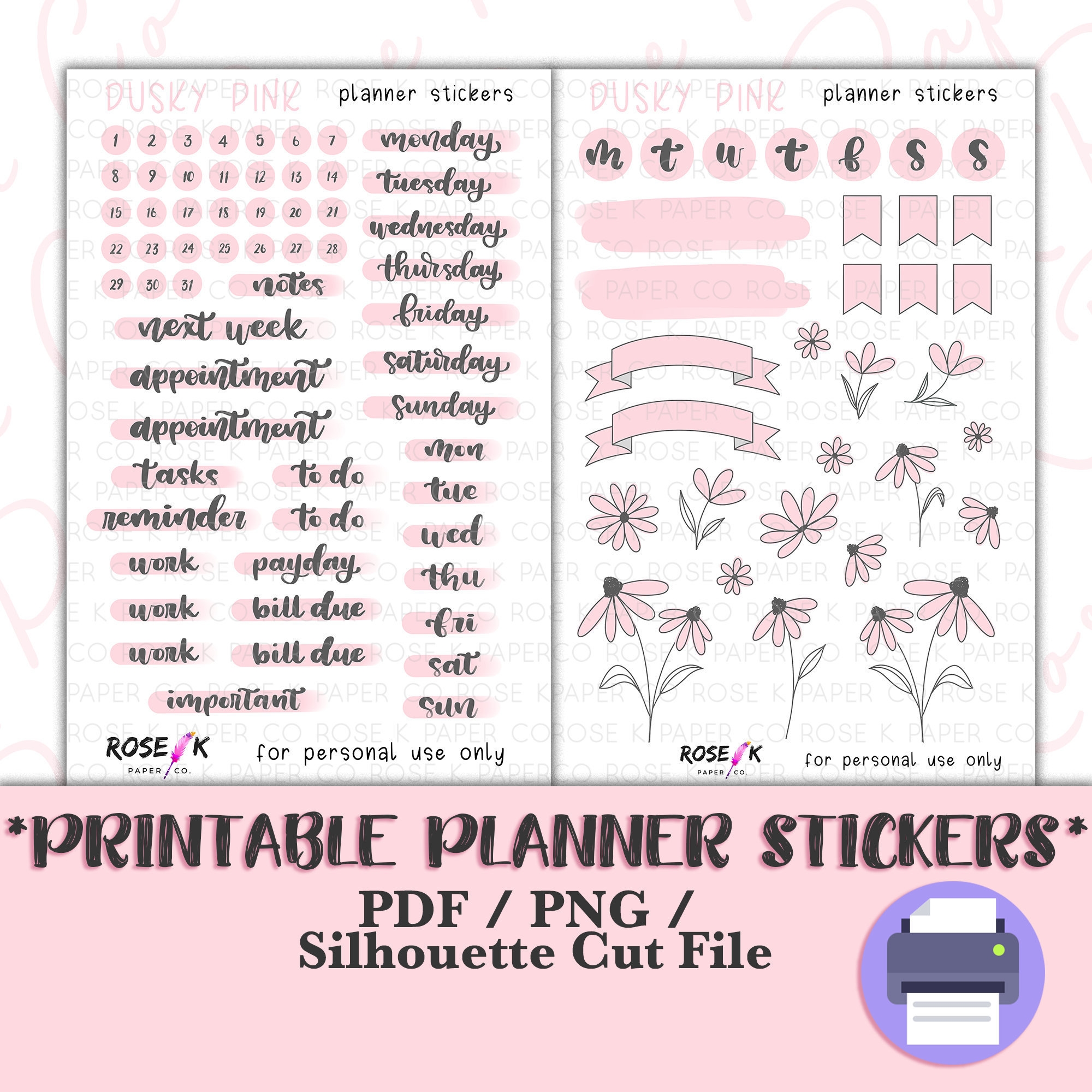 Spring Flowers Stickers Printable Dusky Pink Dot Grid Journal Printable Stickers Planner Printable Hand lettering P002 Etsy