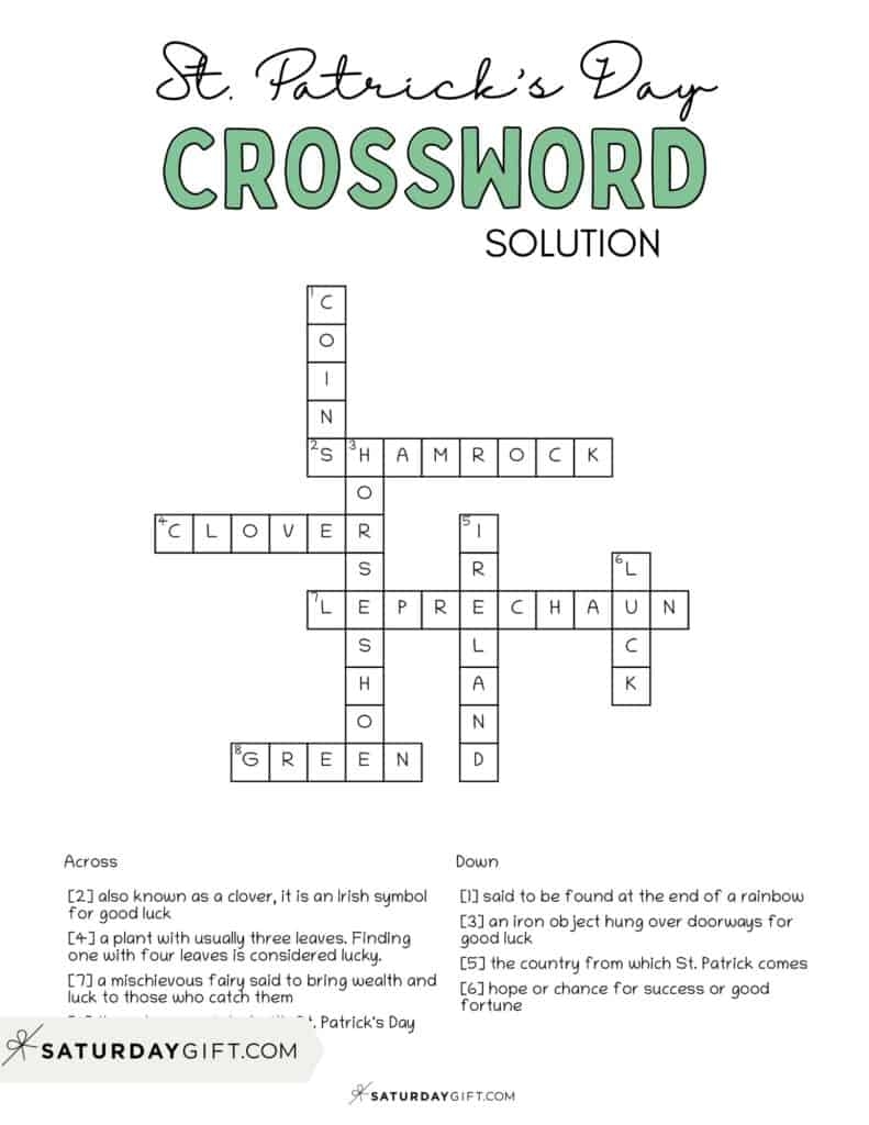 St Patrick s Day Crossword Puzzle Cute Free Printable SaturdayGift