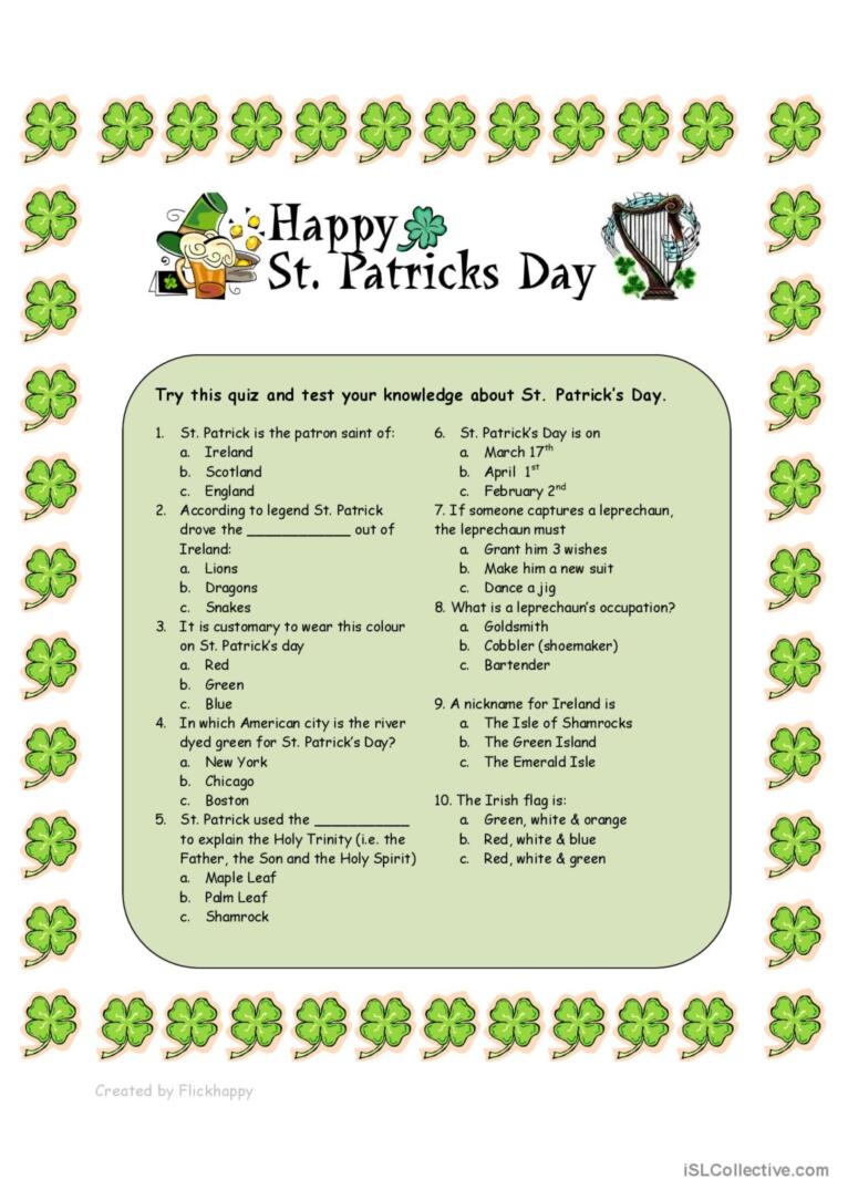 St Patrick'S Day Trivia Printable