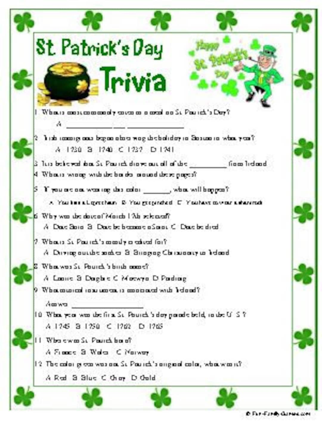 St Patrick s Day Trivia Etsy