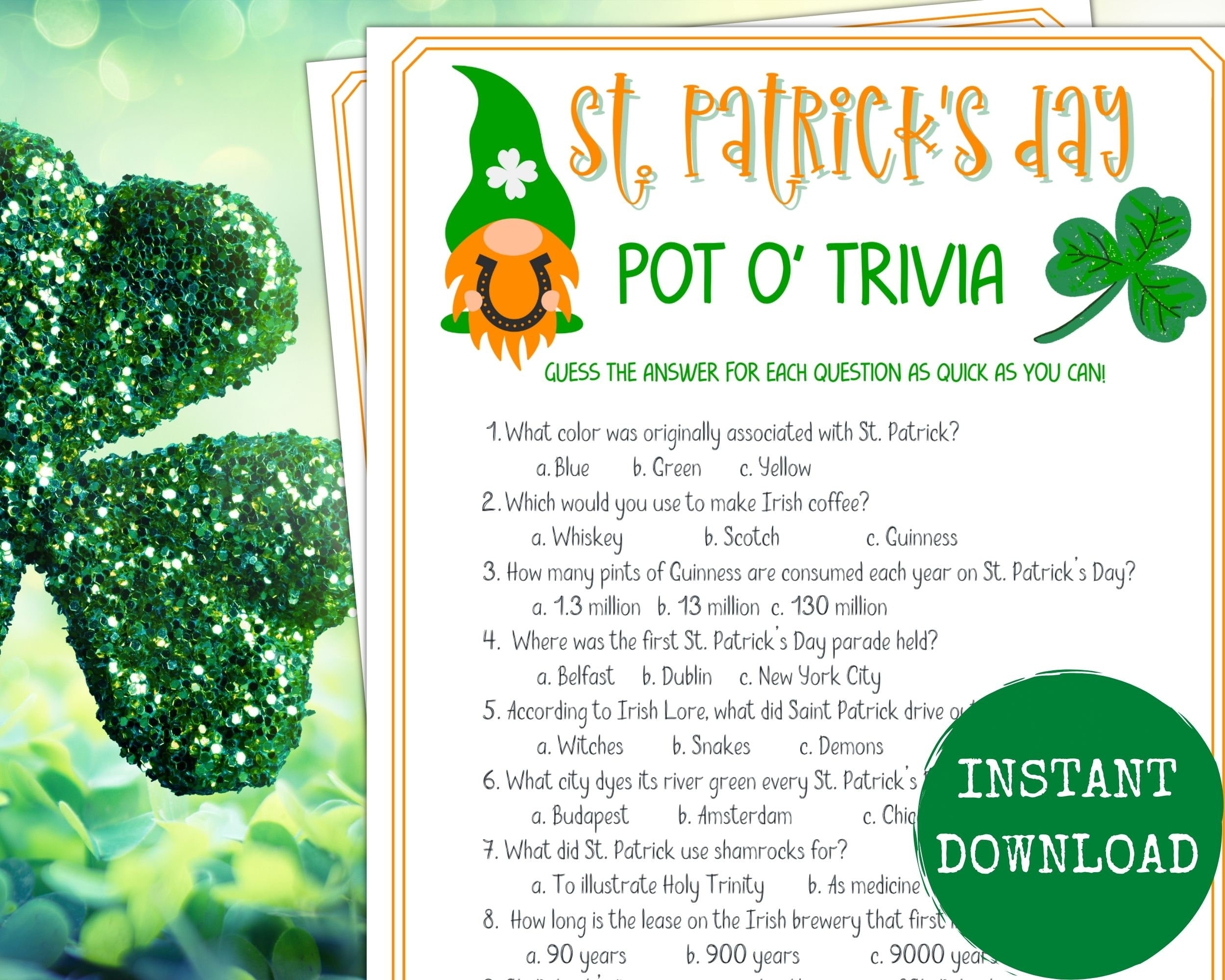 St Patrick s Day Trivia Game St Patty s Day Themed Party Printable St Patricks Day Games St Patty s Trivia Game St Patty s Day Fun Etsy