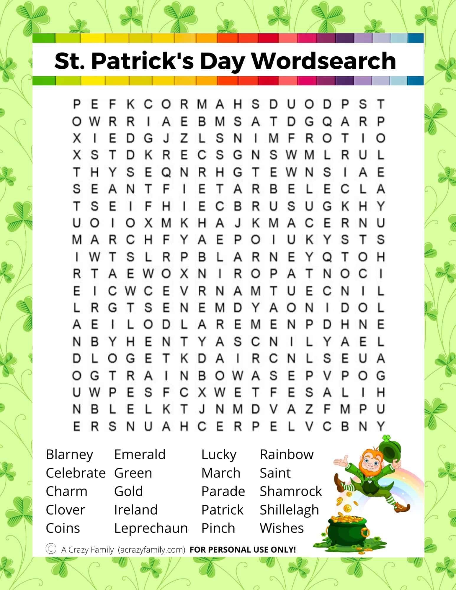 St Patrick s Day Word Search Printable St Patrick s Day Words St Patrick Day Activities St Patricks Activities