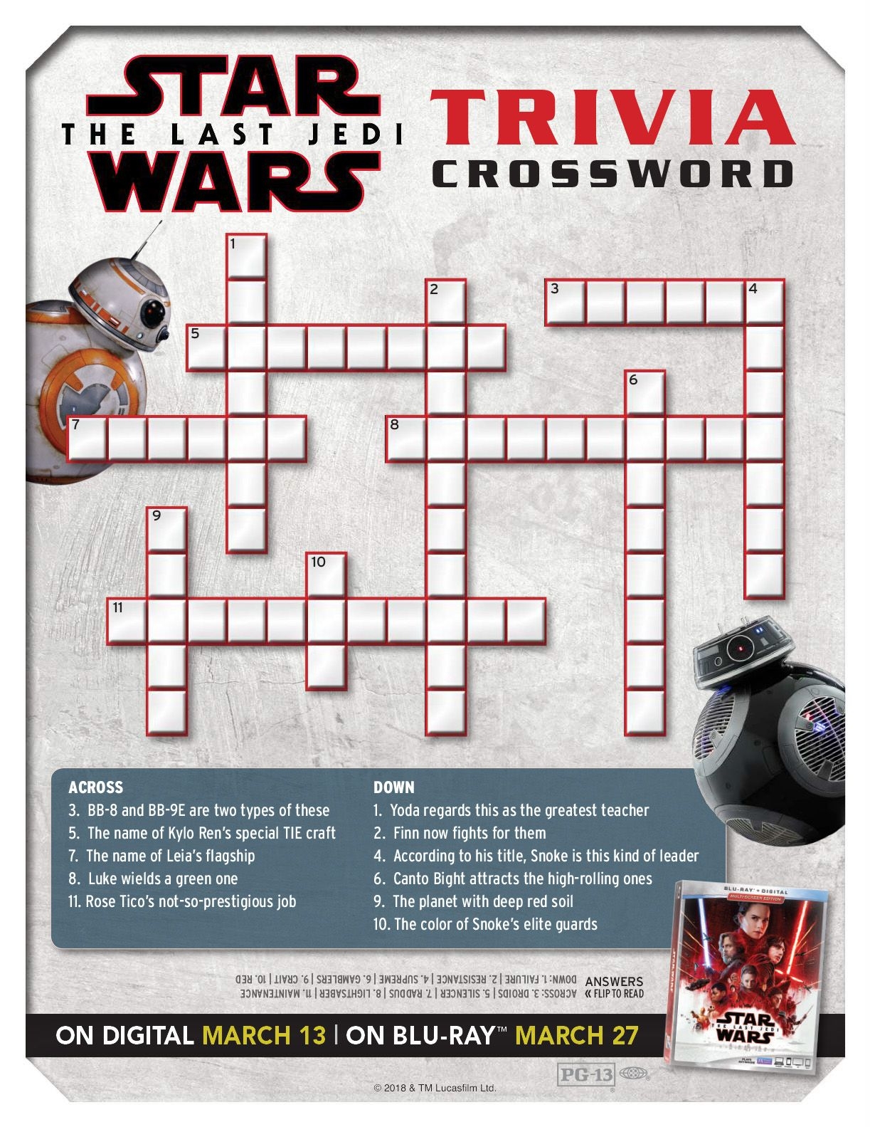 Star Wars The Last Jedi Trivia Crossword Star Wars Facts Printable Road Trip Games Star Wars Humor