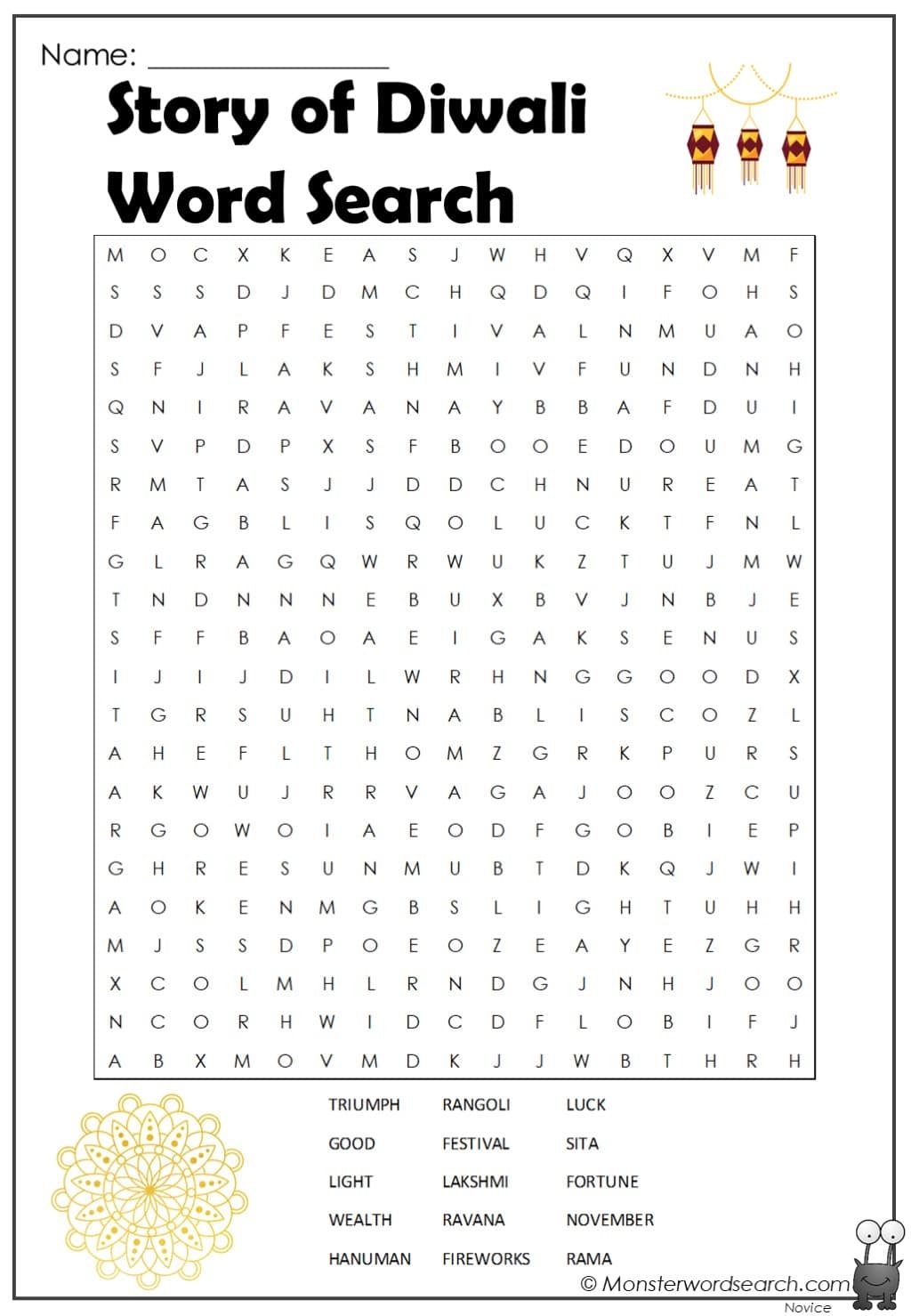 Story Of Diwali Word Search Monster Word Search
