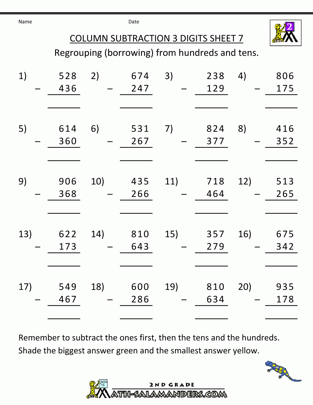 Subtraction Practice Column Subtraction 3 Digits 7 Subtraction With Regrouping Worksheets Math Worksheets Free Printable Math Worksheets