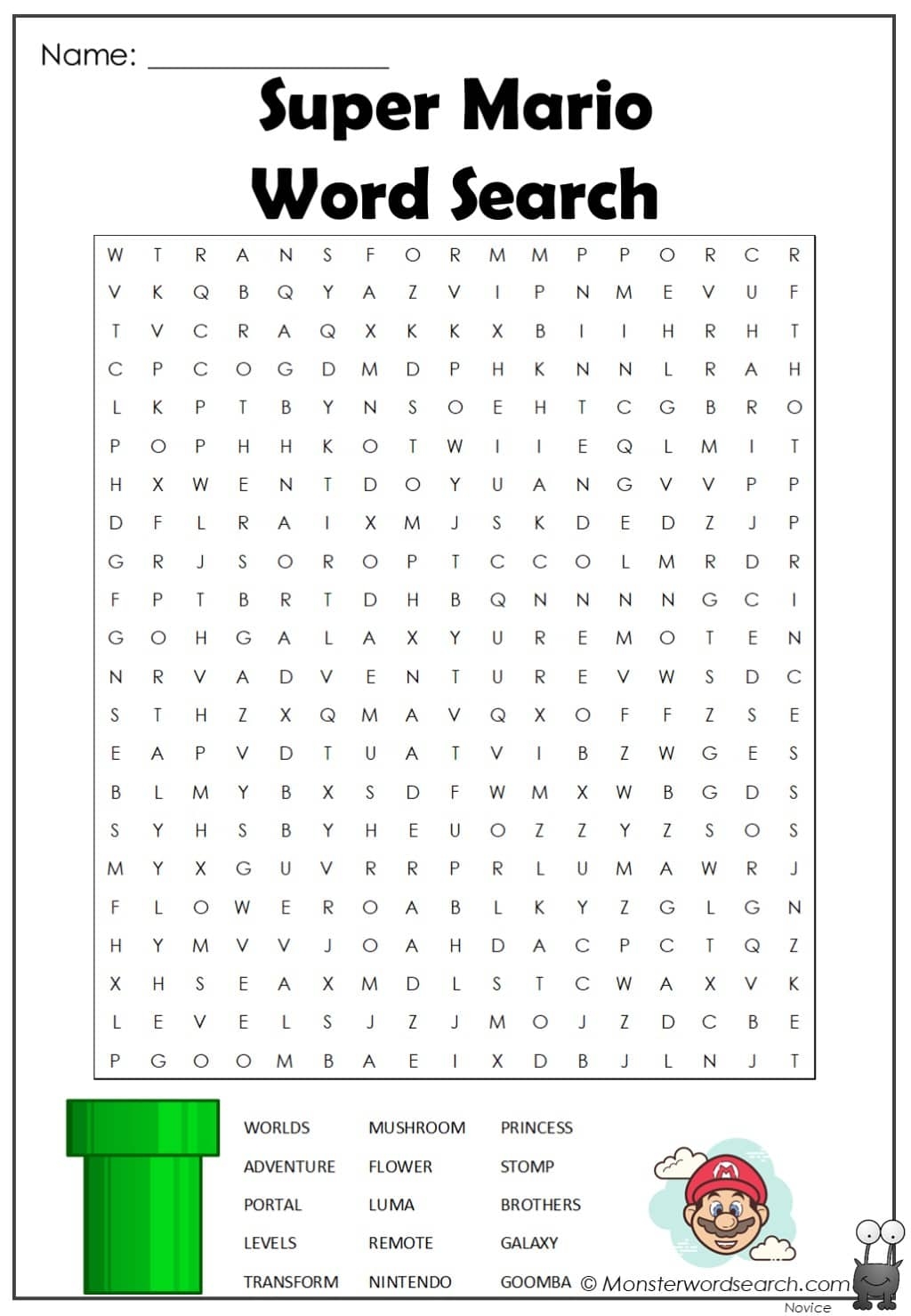 Super Mario Word Search Monster Word Search