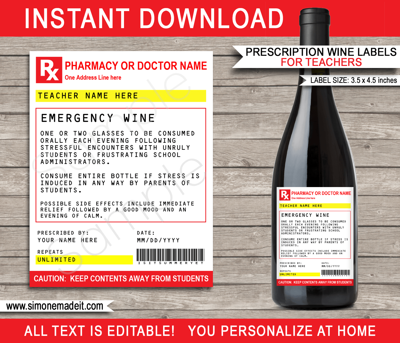 Teacher Prescription Wine Labels Template Printable Emergency Wine Label