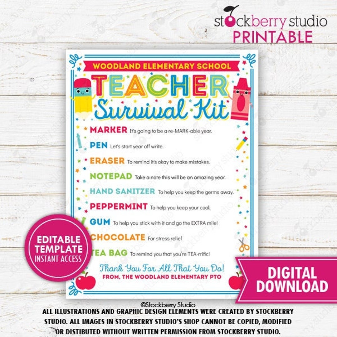 Teacher Survival Kit Printable Back To School Gift PTO PTA Thank You Teacher Appreciation Idea Printable Template Editable Digital Download Etsy
