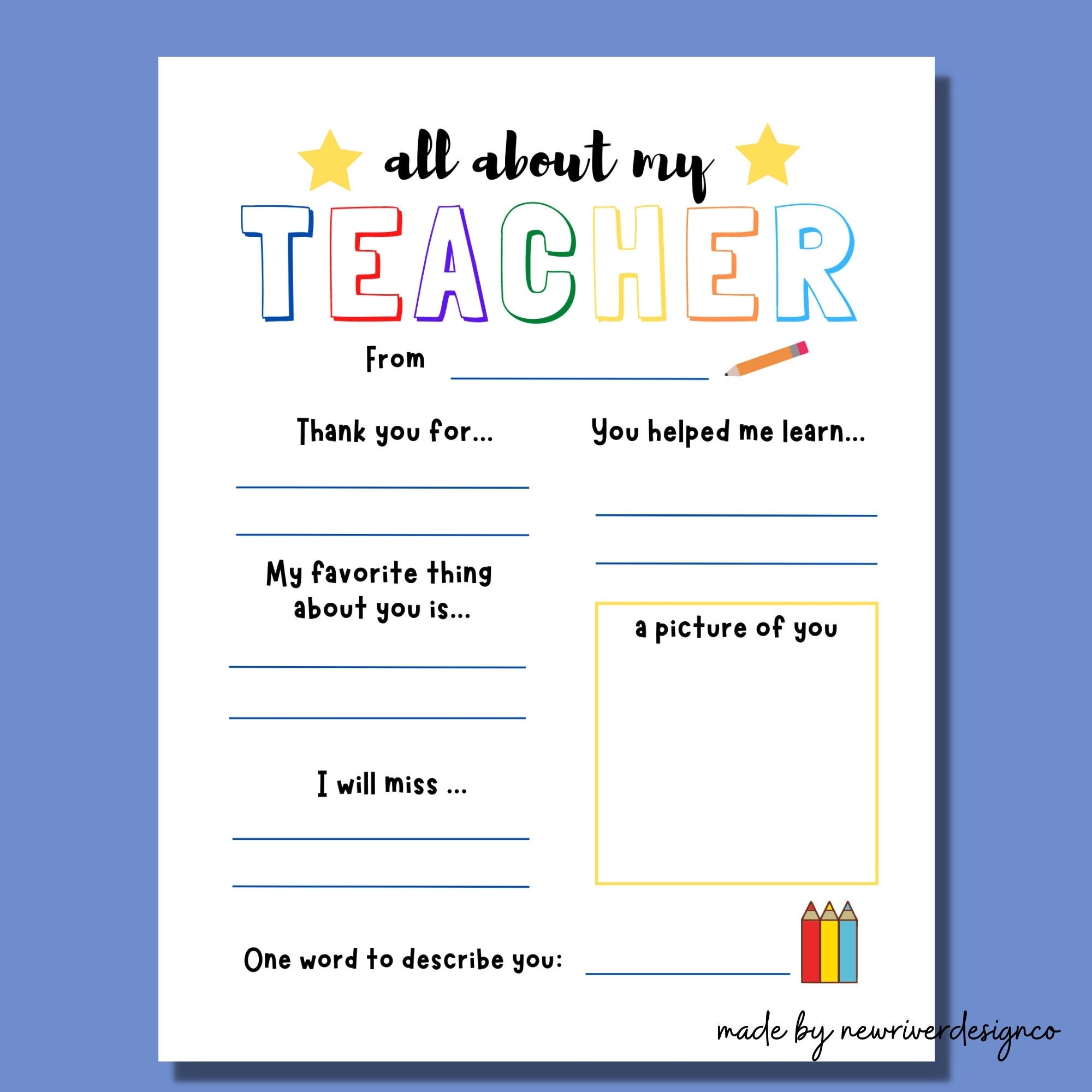 Teacher Thank You Printable All About My Teacher Teacher Appreciation Printable End Of School Teacher Gift Teacher Questionnaire PDF Etsy