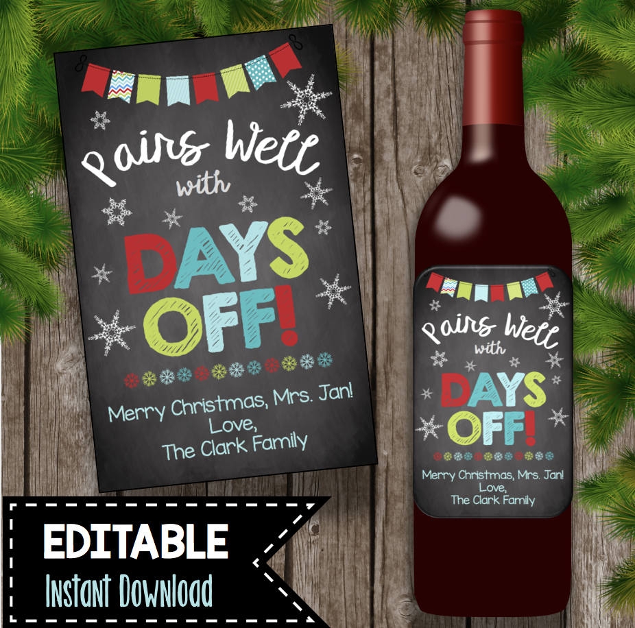 Teacher Wine Gift Printable DIY Editable Wine Label Teacher Thank You Christmas Gift Merry Christmas Happy Holidays Chalkboard Etsy