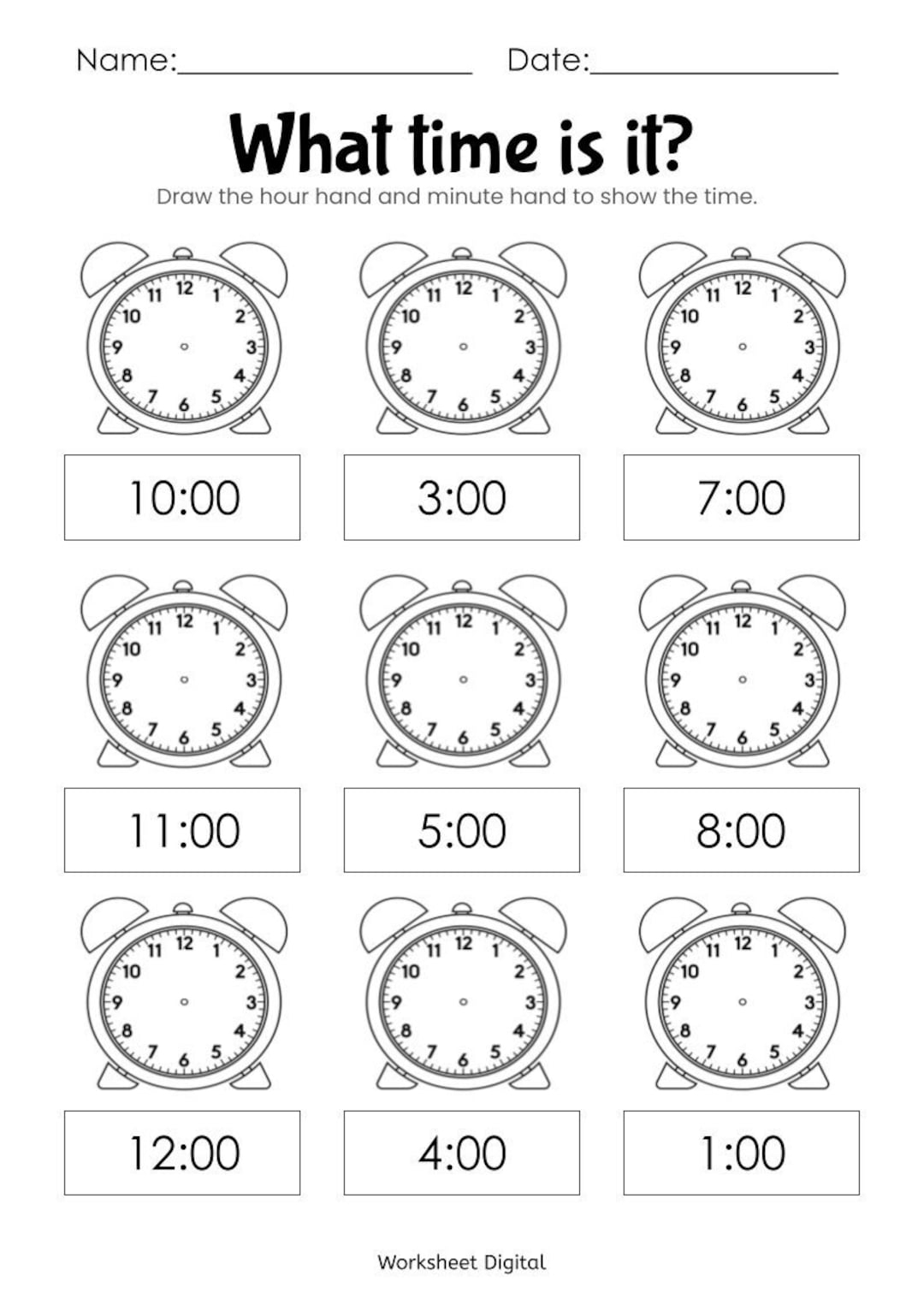 Telling Time Hour Clock Printable Educational Prints Kindergarten Readiness PDF Digital Download Etsy