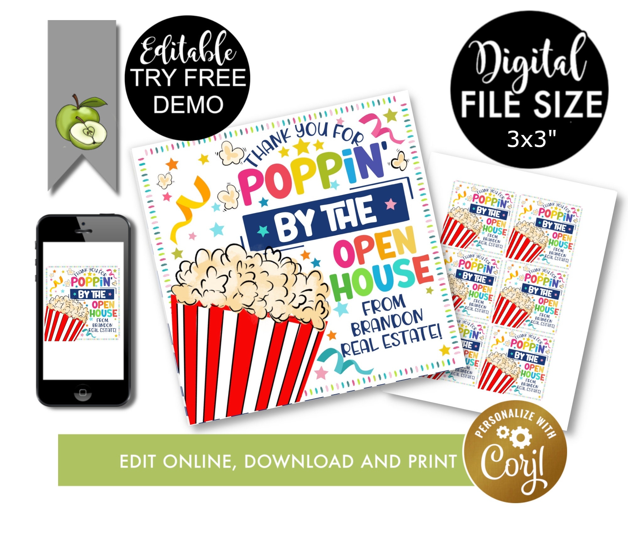 Thank You For Poppin By The Open House Popcorn Gift Tag Real Estate Agent Thank You Printable Custom Property Agent Corl Editable File Etsy