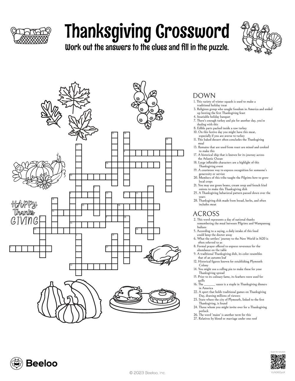 Thanksgiving Crossword Beeloo Printable Crafts And Activities For Kids