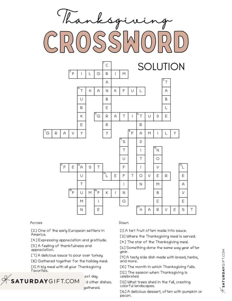 Thanksgiving Crossword Puzzle Cute Free Printable SaturdayGift