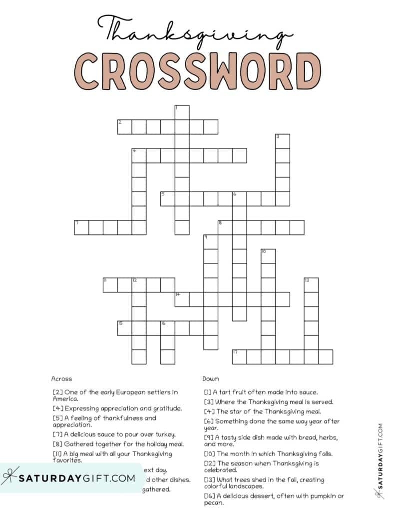 Thanksgiving Crossword Puzzle Cute Free Printable SaturdayGift