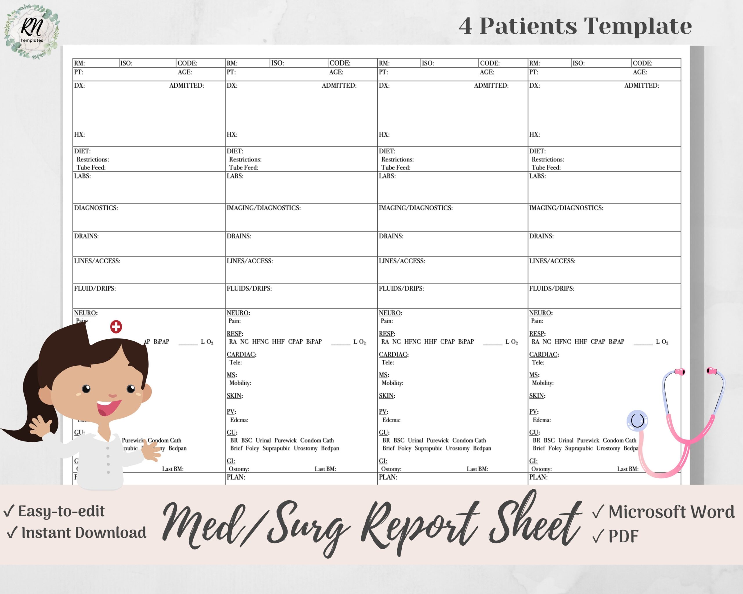 The BEST Med surg Nurse Brain Report Sheet For 4 Patients Microsoft Word PDF Etsy