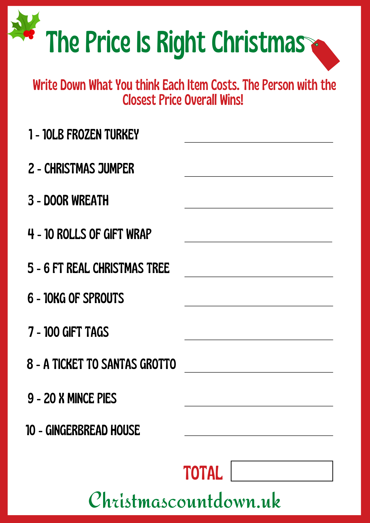 The Price Is Right Christmas Version Free Printable Game