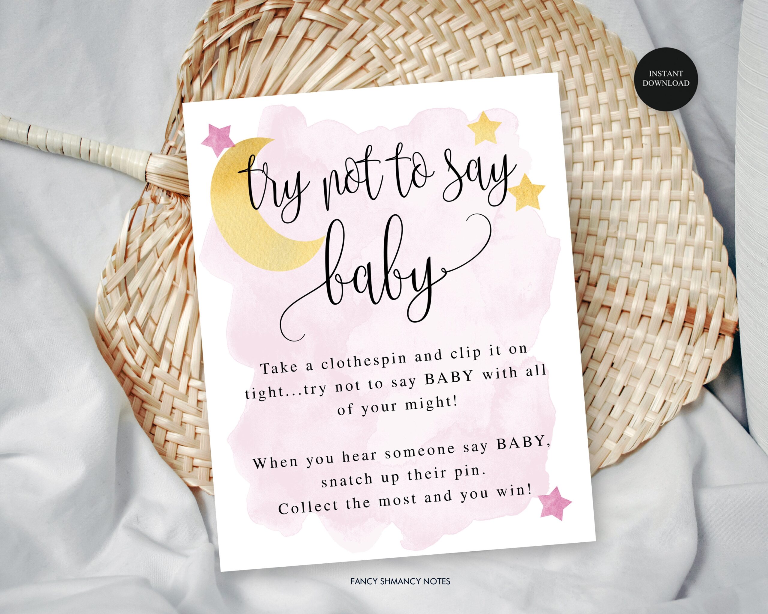 Try Not To Say Baby Shower Game Sign Pink Watercolor Moon And Stars Don t Say Baby Instant Download Digital File 721 Etsy