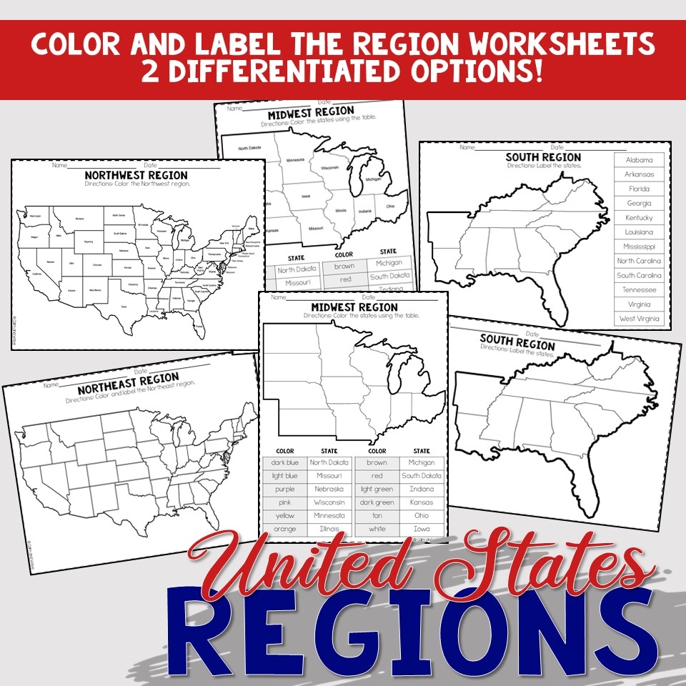United States Regions Worksheets And Printables Homeschool Geography 4th 5th 6th Grade Calm Wave