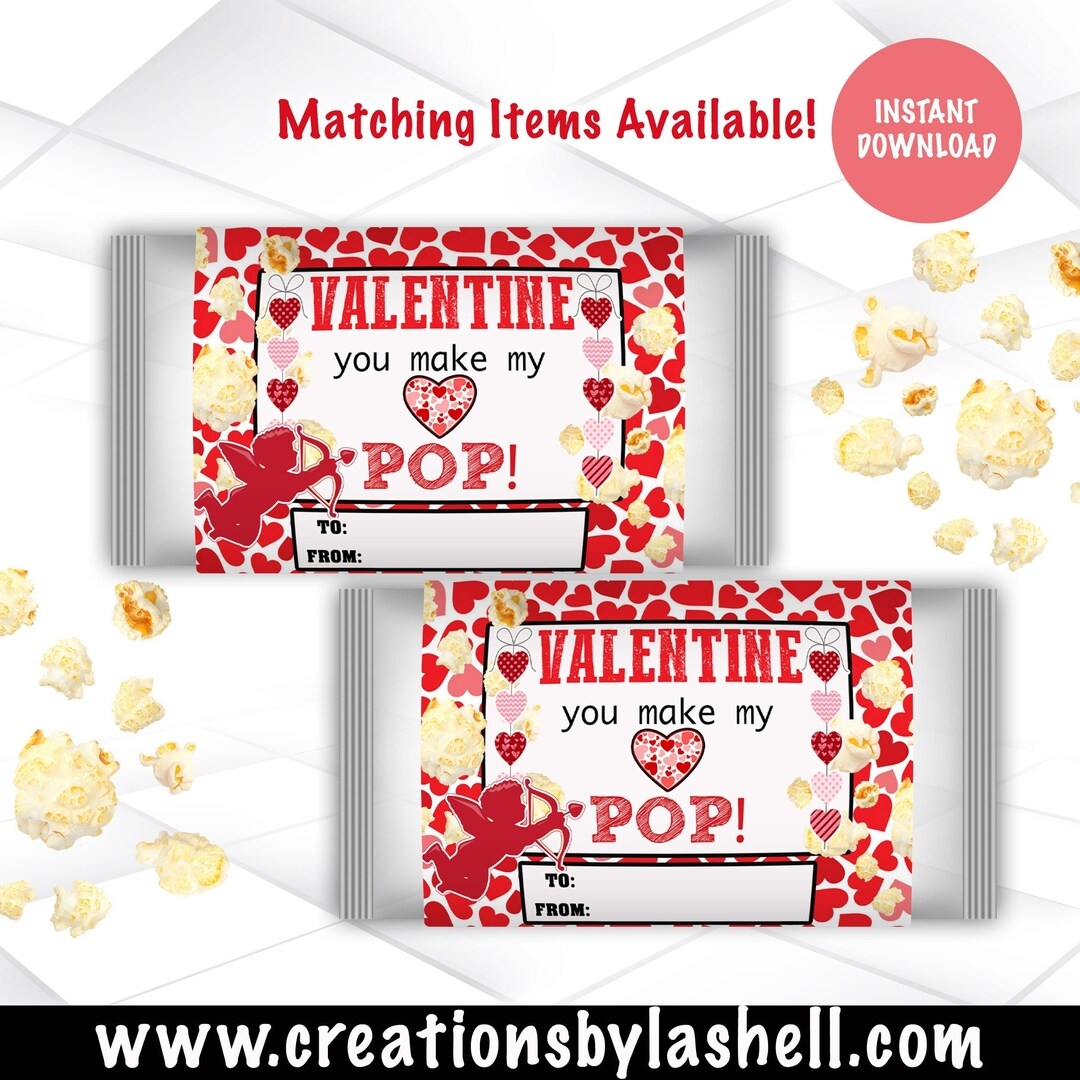 Valentine Popcorn Wrappers Instant Download Valentine Pop Corn Wrapper Template Valentine Pop Corn Printable Etsy