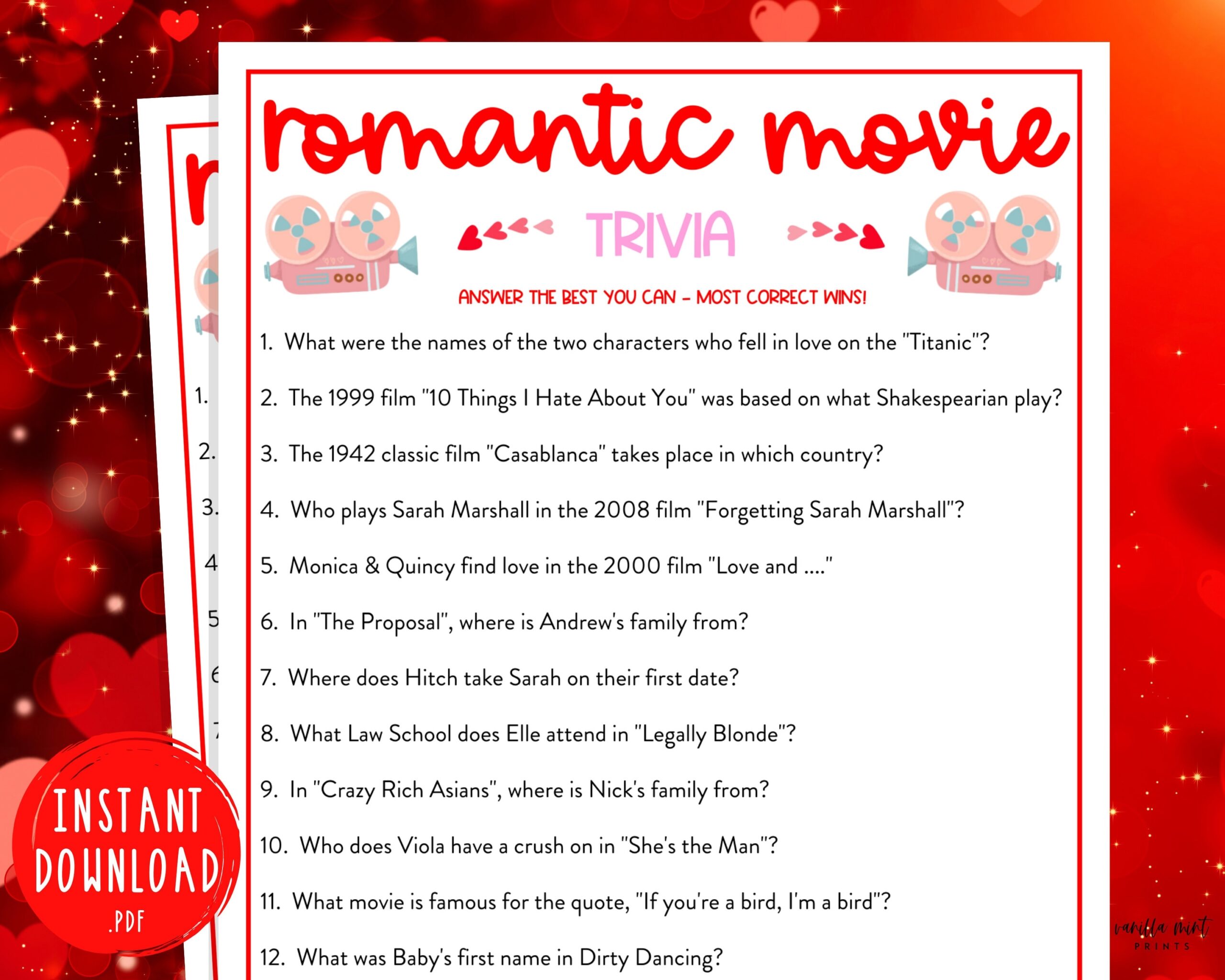 Romantic Movie Quiz Questions And Answers Printable