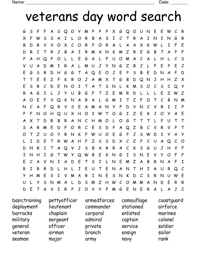 Veterans Day Word Search WordMint