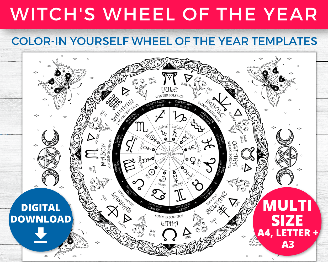 Wheel Of The Year Coloring Pages Printable Grimoire Pages For Journals With Dragons