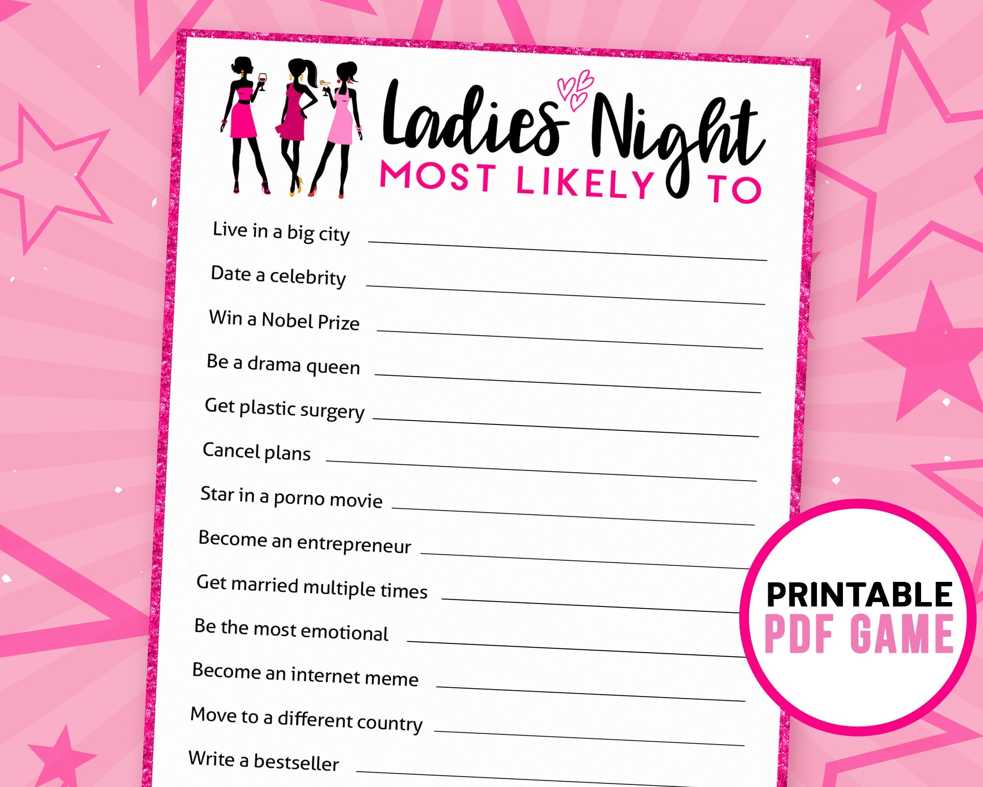 Who Is Most Likely To Fun Ladies Night Games Girls Night Games Hen Party Printable Games Bachelorette Game Includes Free Bingo Etsy