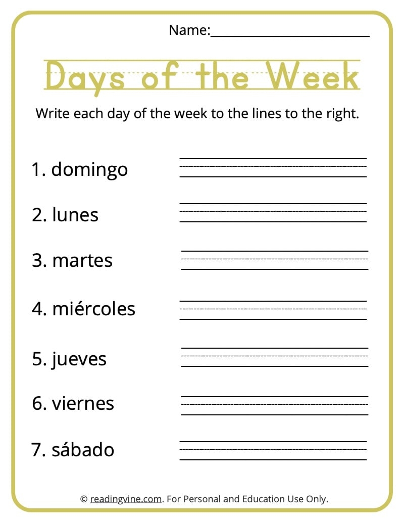 Days Of The Week In Spanish Printable