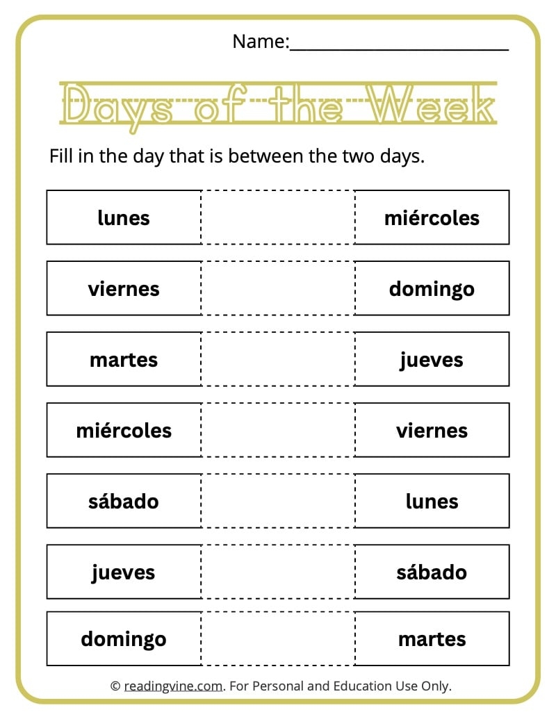 Write The Missing Day Of The Week In Spanish Image ReadingVine