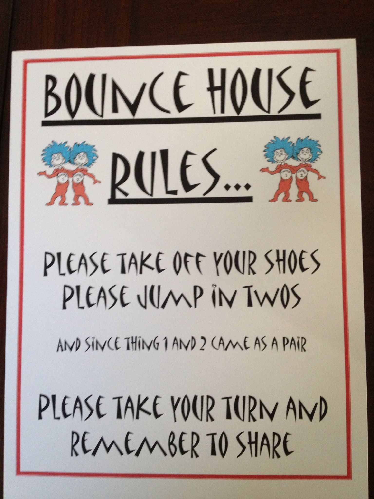 Z s Bounce House Dr Seuss Themed Rules Things That Bounce Bounce House House Rules Sign