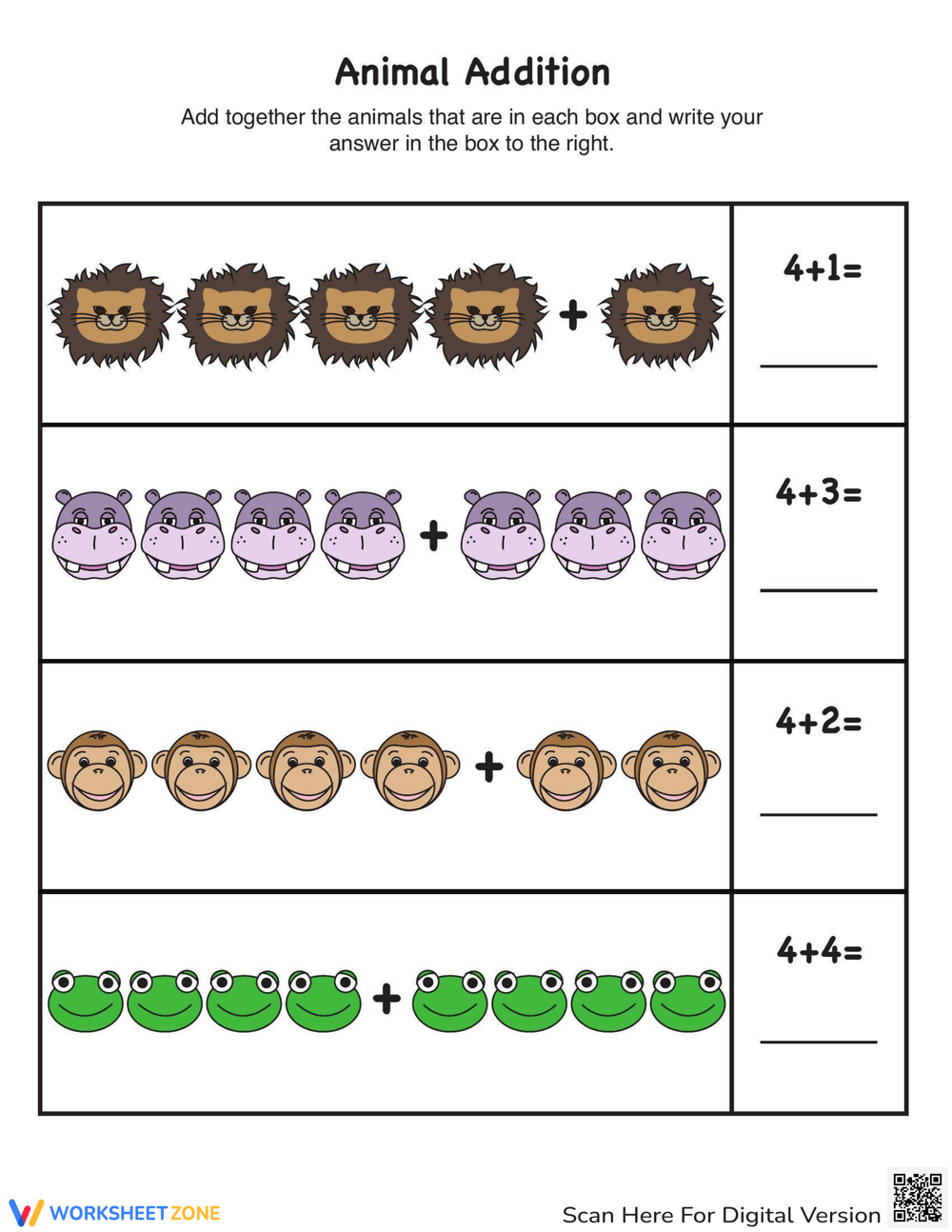 Zoo Animal Picture Addition Worksheet