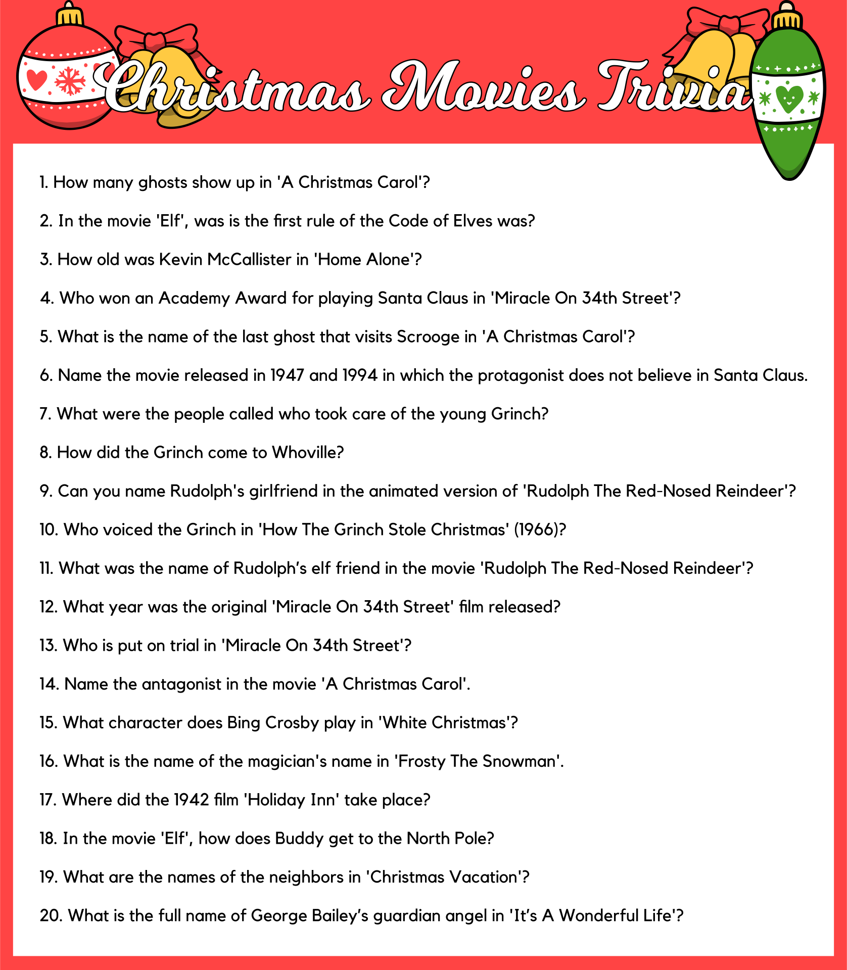 Christmas Story Trivia Questions Printable