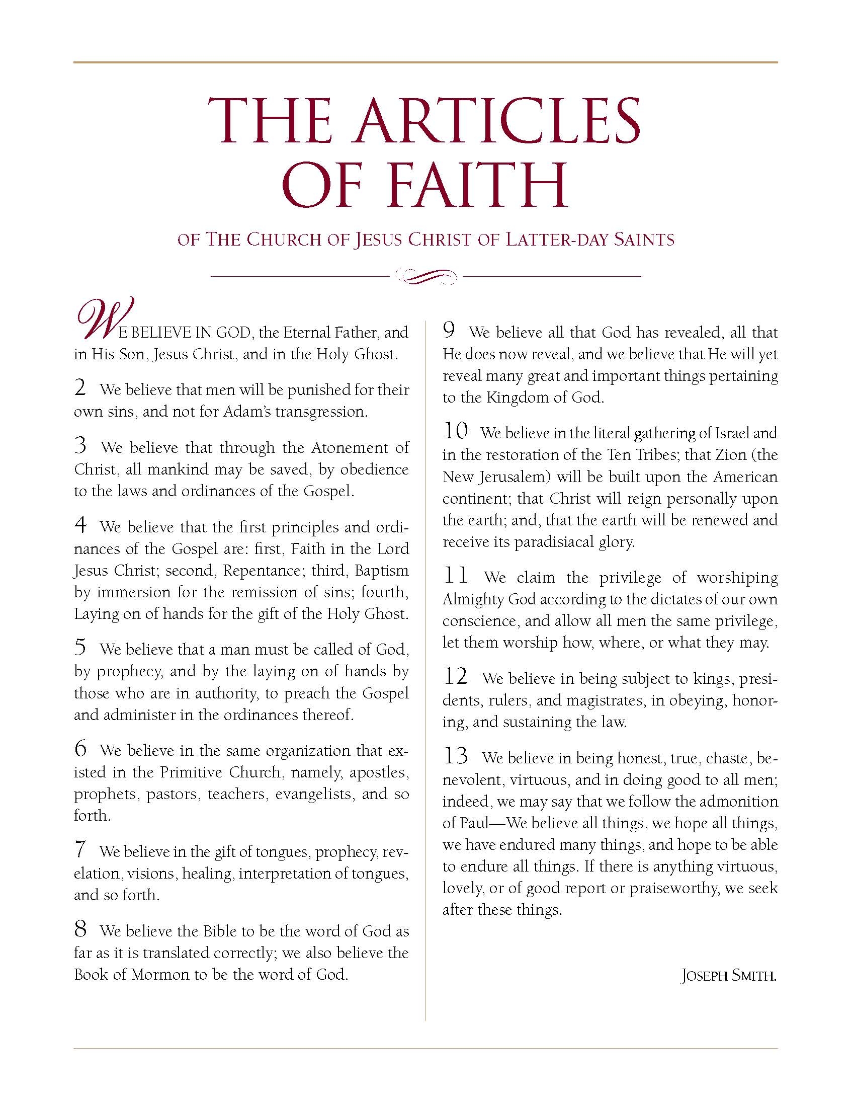 Articles Of Faith Printable Free