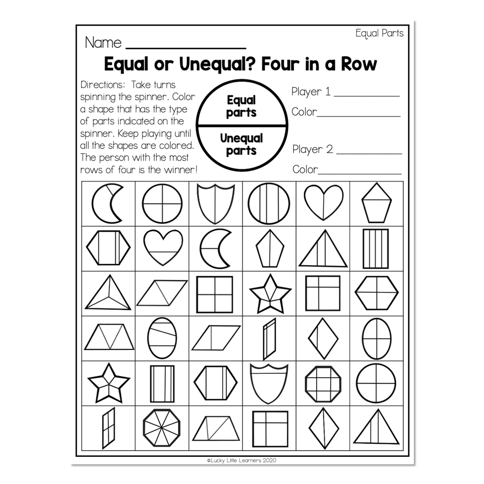 2nd Grade Math Worksheets Geometry Equal Parts Equal Or Unequal Four In A Row Lucky Little Learners