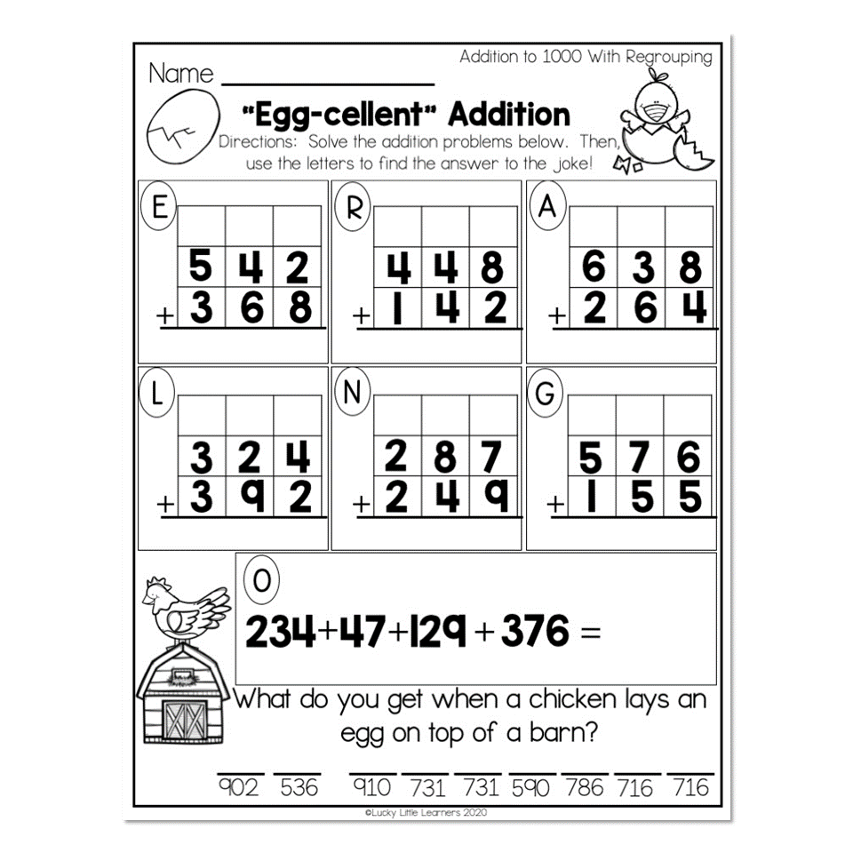 2nd Grade Math Worksheets Place Value Addition To 1000 With Regrouping Eggs cellent Addition Lucky Little Learners