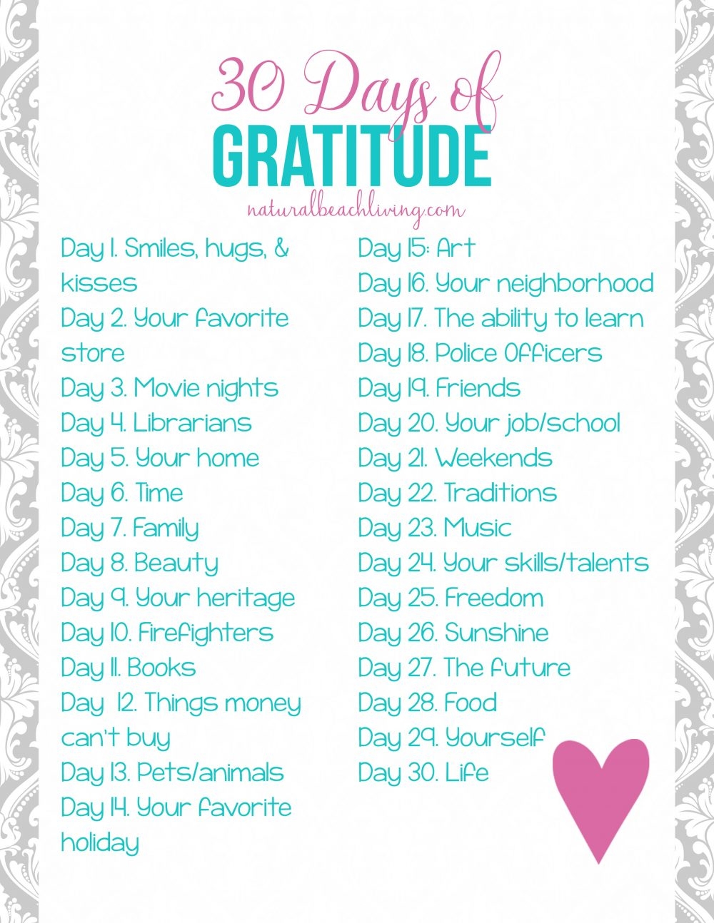 30 Days Daily Gratitude List Printable Natural Beach Living