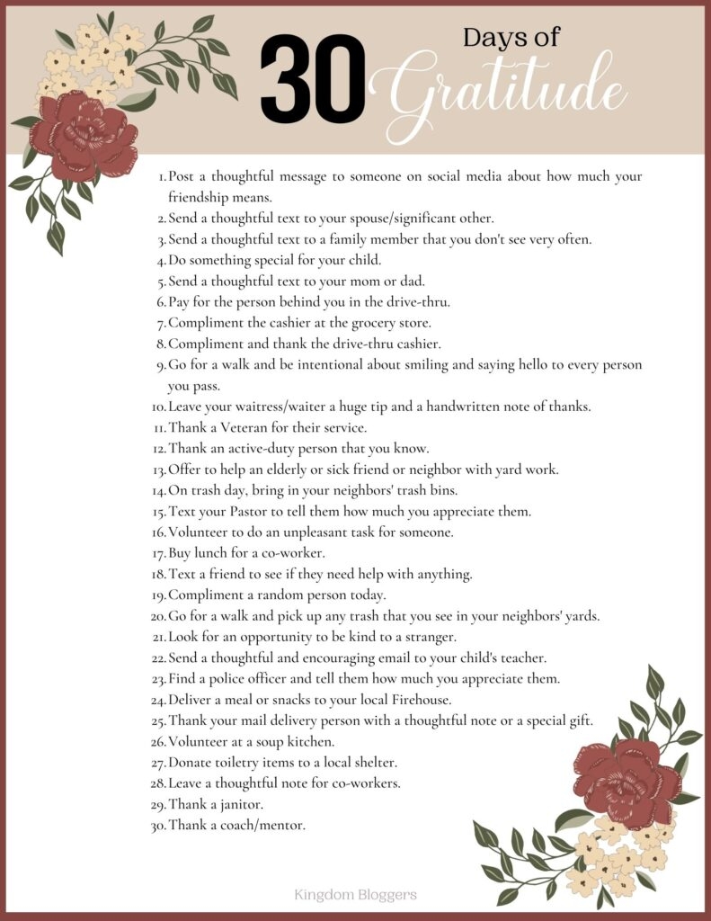 30 Days Of Gratitude Printable