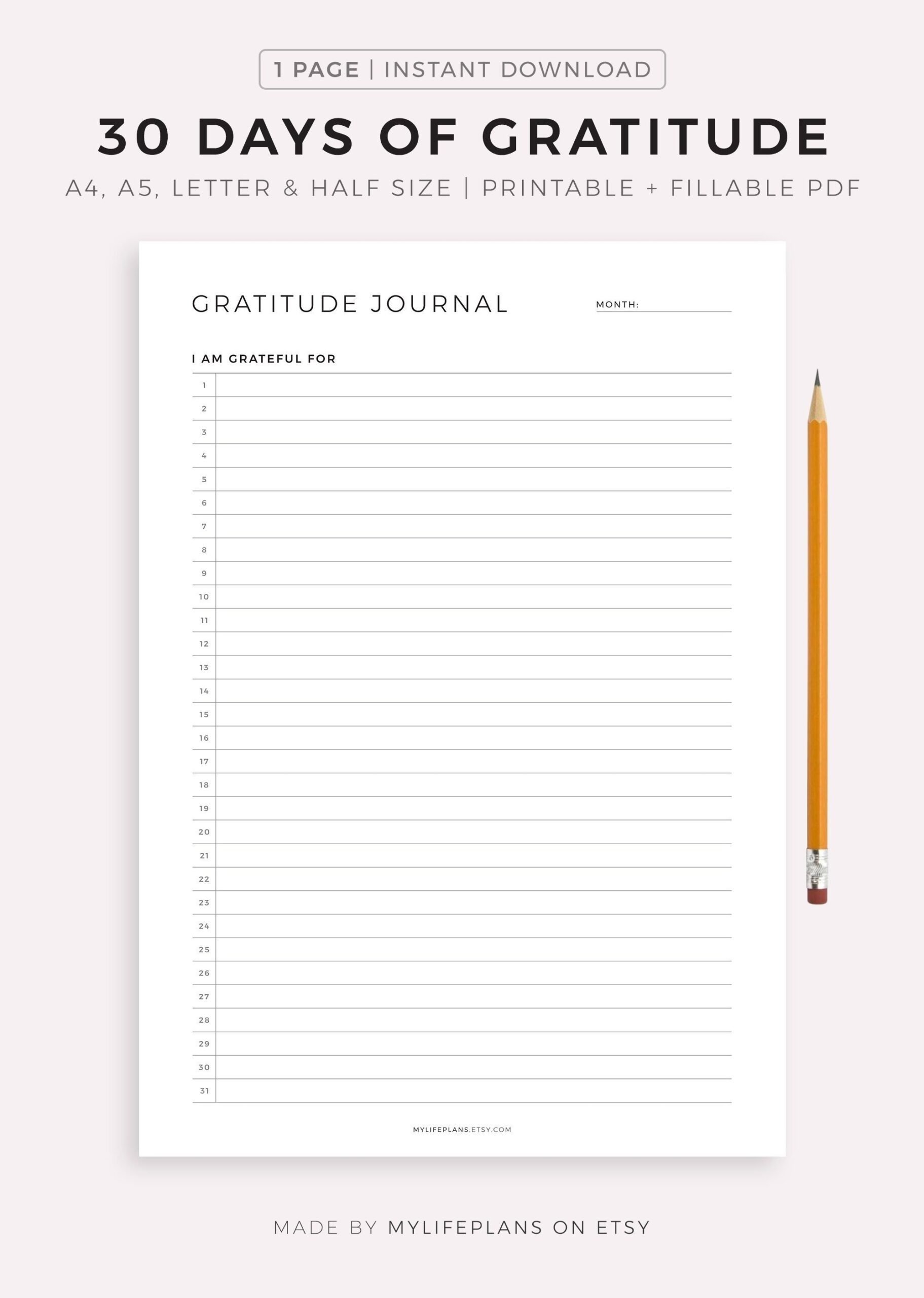 30 Days Of Gratitude Printable Template Daily Gratitude Journal Gratitude Log Thankfulness Journal A4 a5 letter half Instant Download Etsy