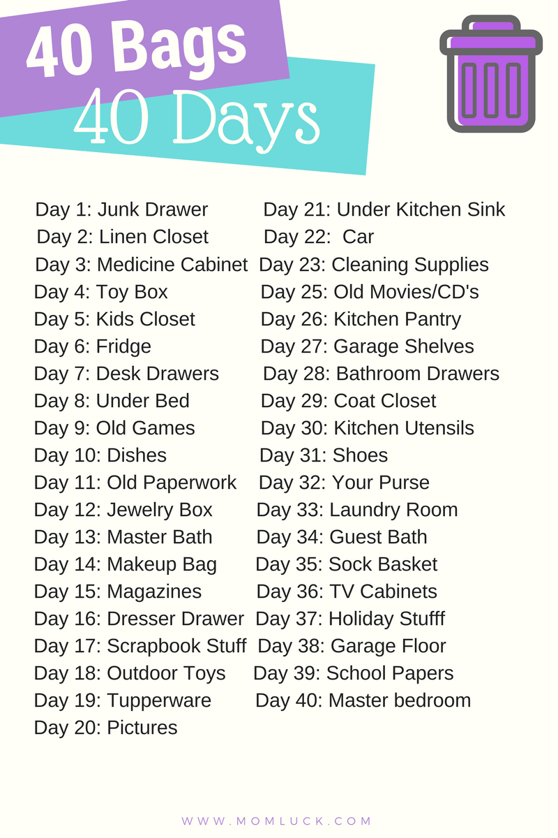 40 Bags In 40 Days Free Printable Take The Challenge Cleaning Hacks House Cleaning Tips Clean House