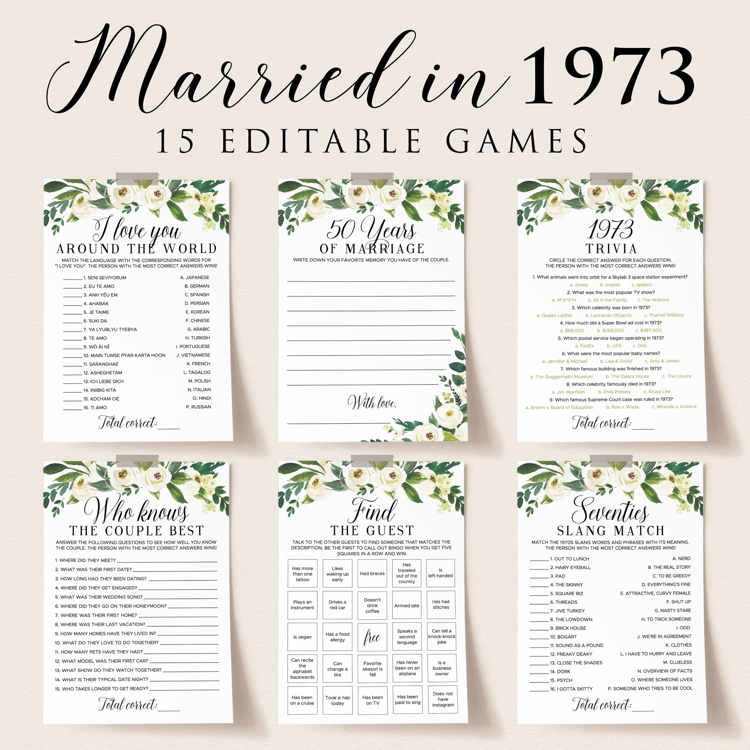 51st Anniversary Party Games Printable Greenery Wedding Anniversary Idea Couple Games For Anniversary Party Married In 1973 Trivia Adult WR1 Etsy