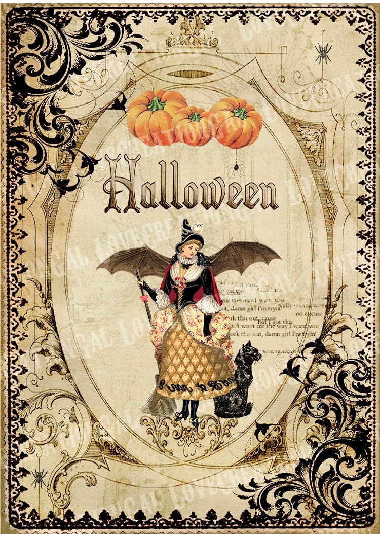 5x7 Printable Art Digital Images Vintage Halloween Witch Girl Fairy Whimsical Bat Pumpkin Frame Paris French ACEO Craft Card Sh131 Etsy