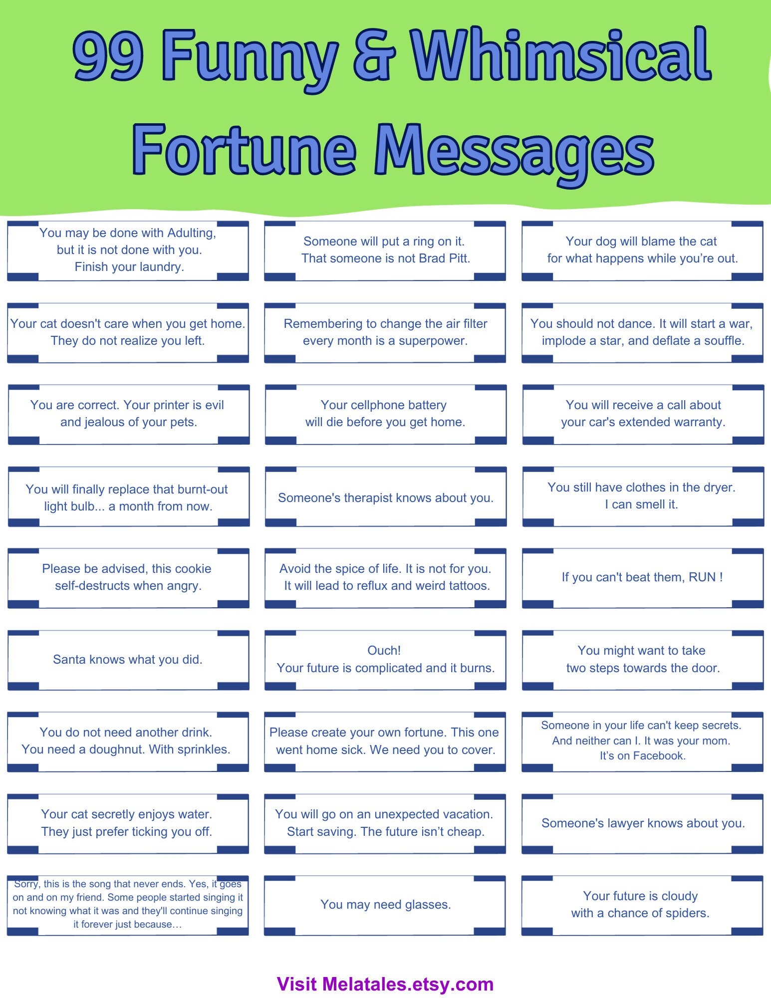 99 Funny Fortune Cookie Messages Digital Download Fun Fortunes And Messages Etsy