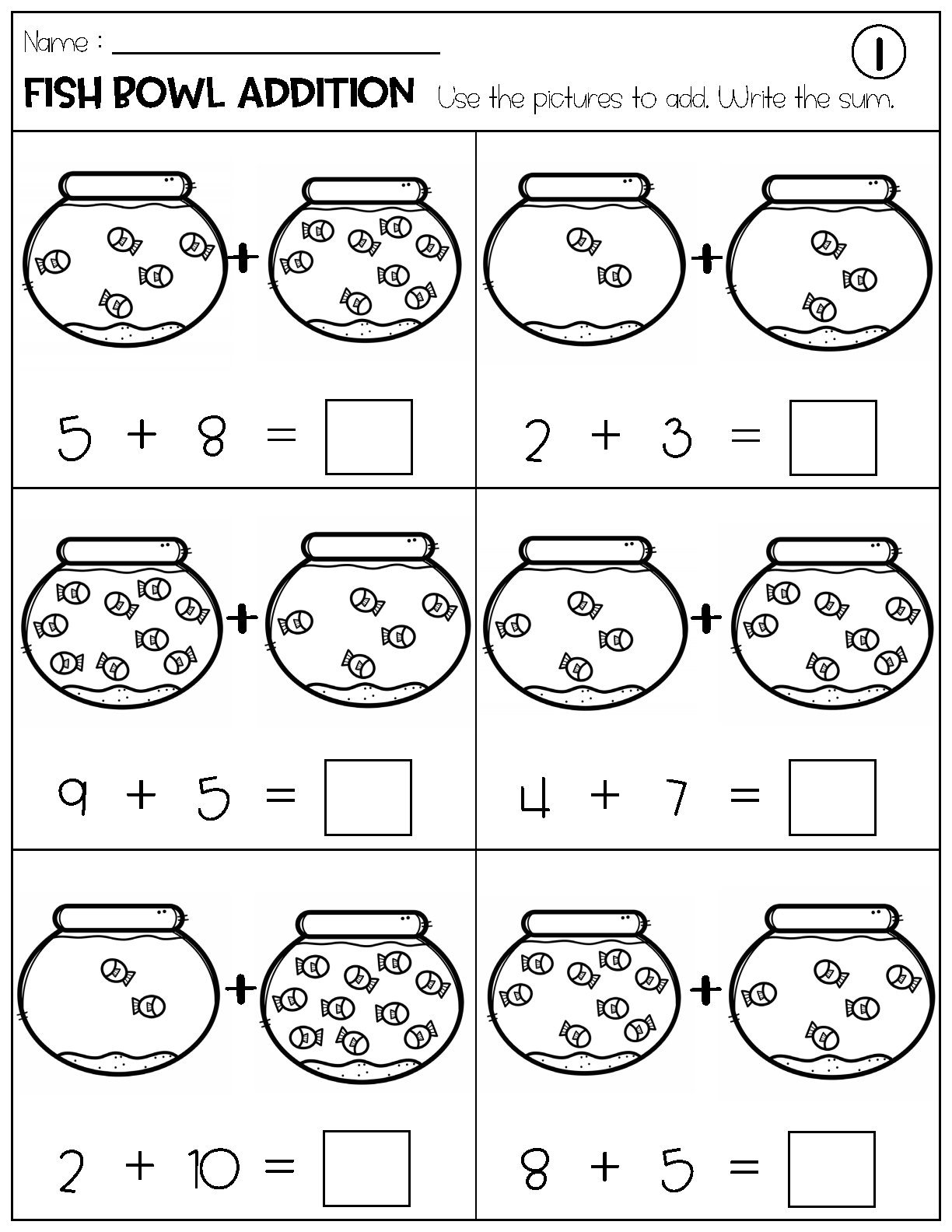 Addition With Pictures Sum Up To 20 Worksheets Adding Fish Bowls Pictures Math Worksheets Printable Etsy