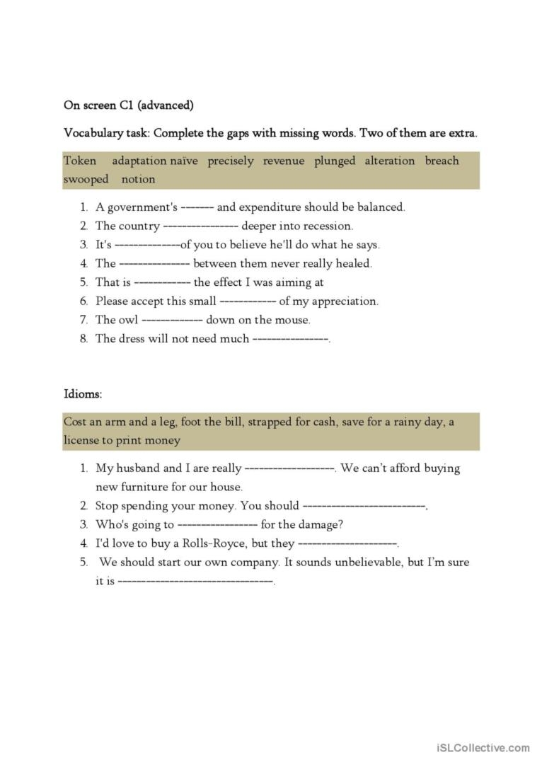 Vocabulary Printable Worksheets For Adults