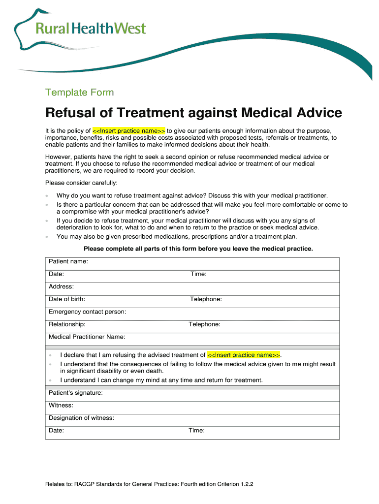 Printable Refusal Of Medical Treatment Form