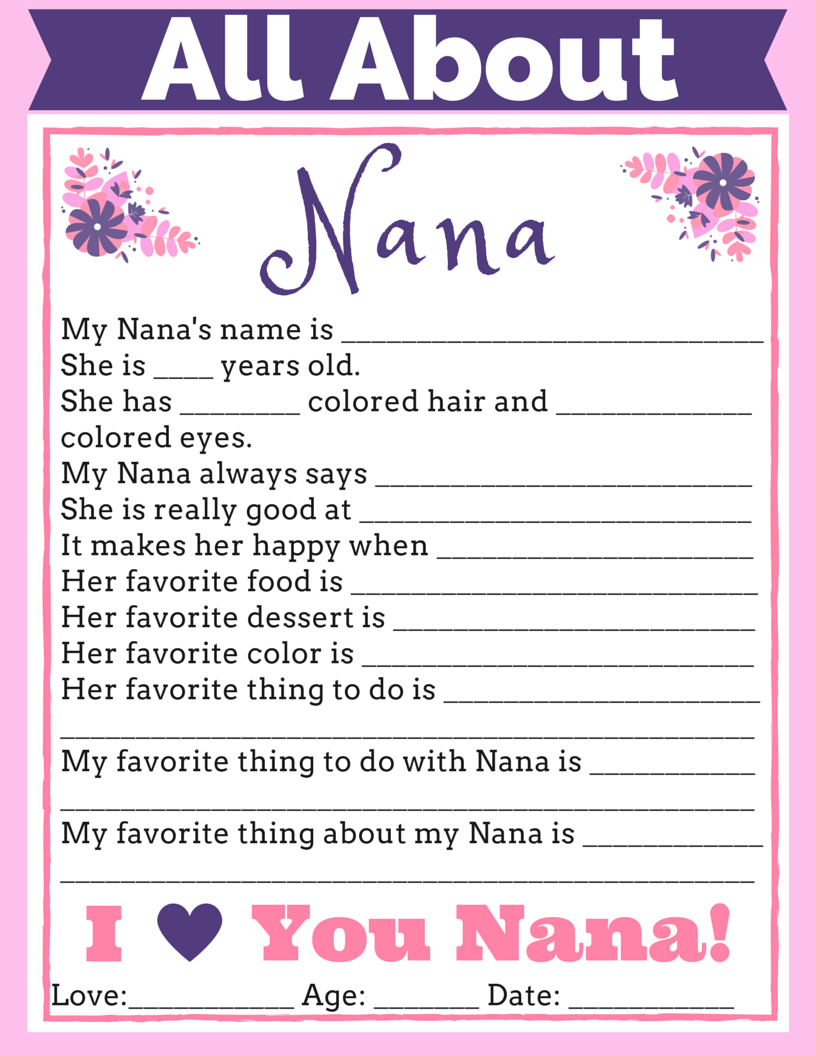 All About Nana Free Printable An Easy Personalized Gift From The Kids For Their Nana Birthday Presents For Grandma Presents For Grandma Grandma Birthday Card