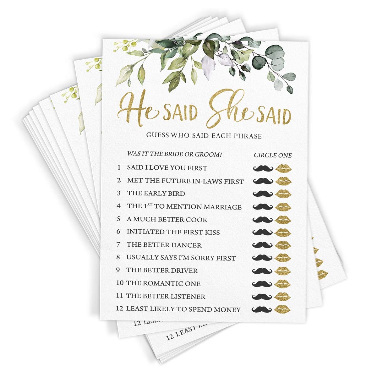 Amazon Printed Party Bridal Shower Game He Said She Said Game Greenery 50 Cards Home Kitchen