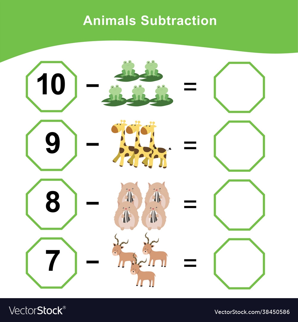 Animals Subtraction Worksheet For Preschool Vector Image